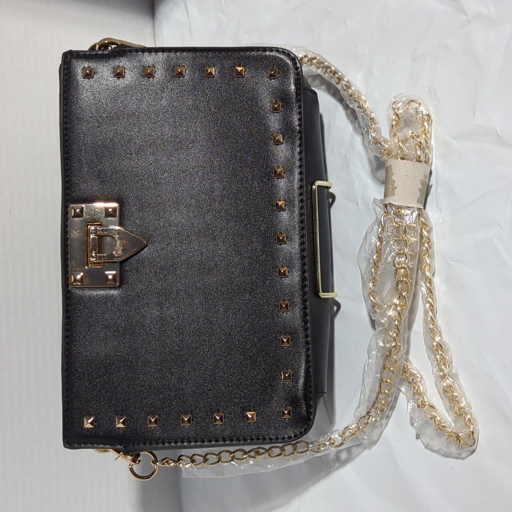 Elegant Black Crossbody Bag with Gold Studs